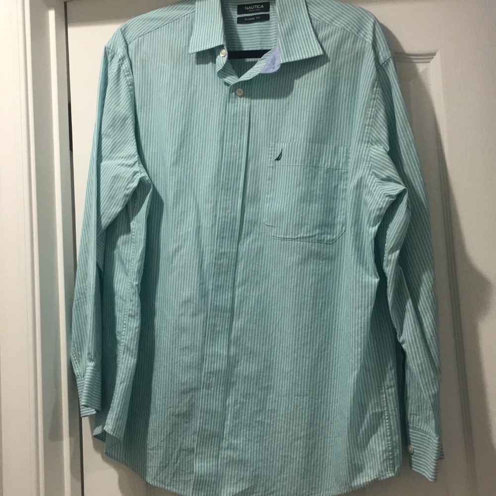 Nautical teal blue &white stripe men's button down